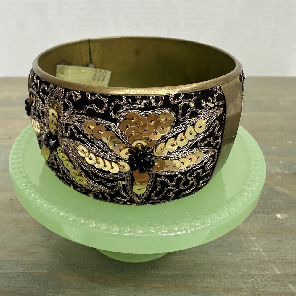 Vintage Wide Brass Bangle Bracelet Sequins Embellished Stitching Black India